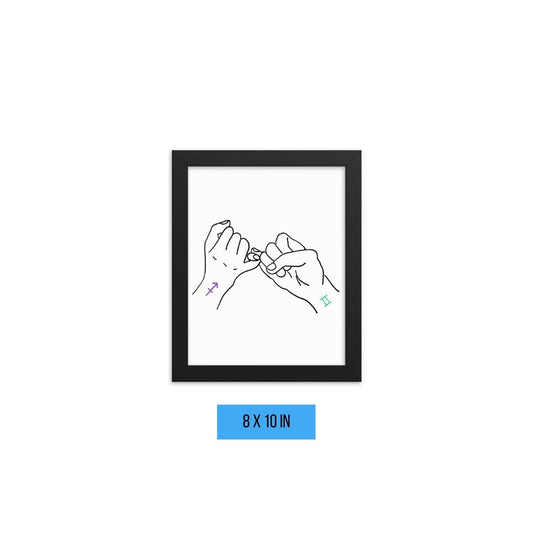 8 x 10 inches framed image of digital drawing of  two hands pinky promising with Sagittarius and Gemini zodiac sign tattoos on wrists. 