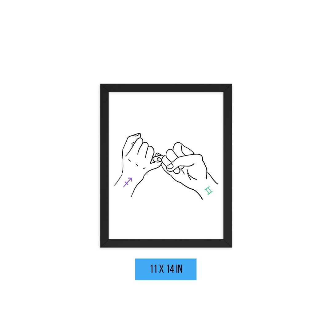 11 x 14 inches framed image of digital drawing of  two hands pinky promising with Sagittarius and Gemini zodiac sign tattoos on wrists. 