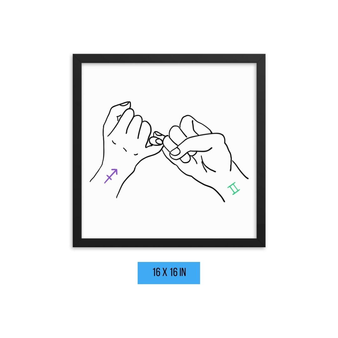 16 x 16 inches framed image of digital drawing of  two hands pinky promising with Sagittarius and Gemini zodiac sign tattoos on wrists. 