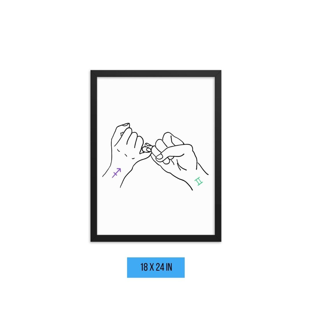 18 x 24 inches framed image of digital drawing of  two hands pinky promising with Sagittarius and Gemini zodiac sign tattoos on wrists. 