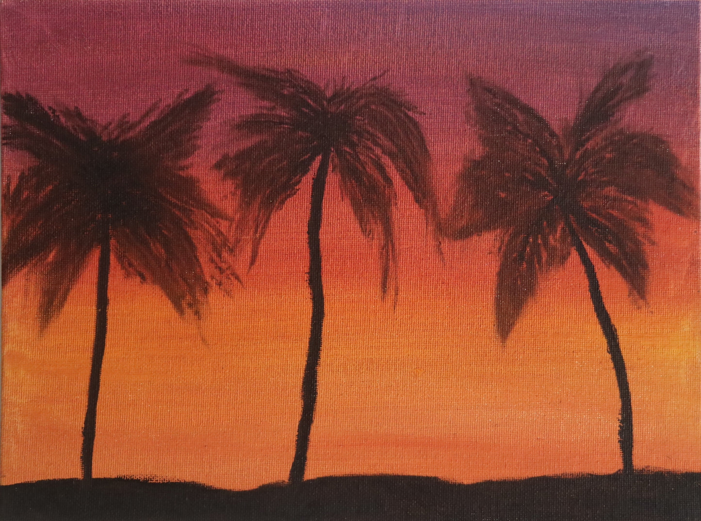 Oil painting of orange and purple colors in background with silhouette of three palm trees in the foreground.