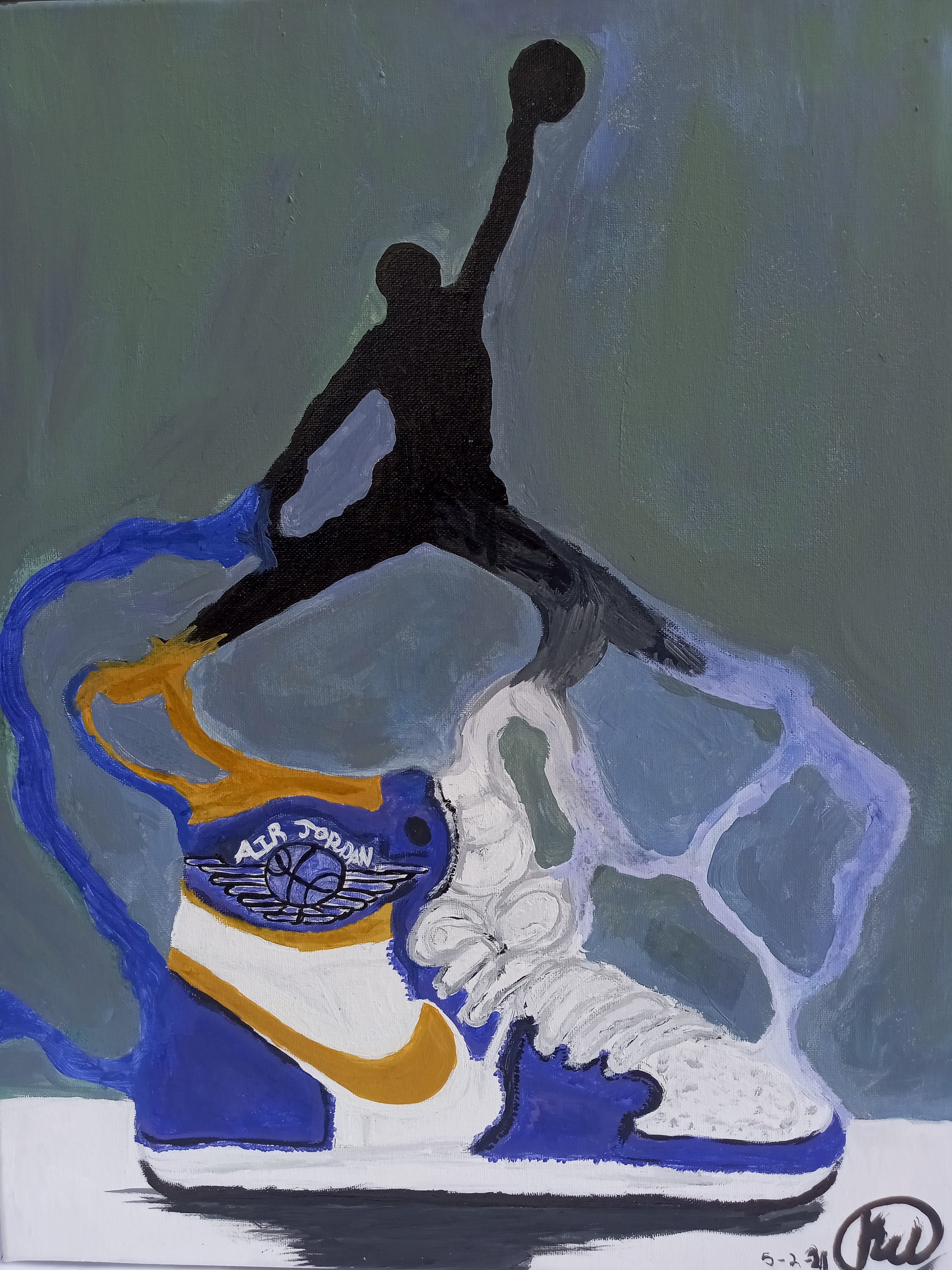 Painting of blur, white, and gold air jordan shoes with the air jordan jumpman logo above above the shoe. 