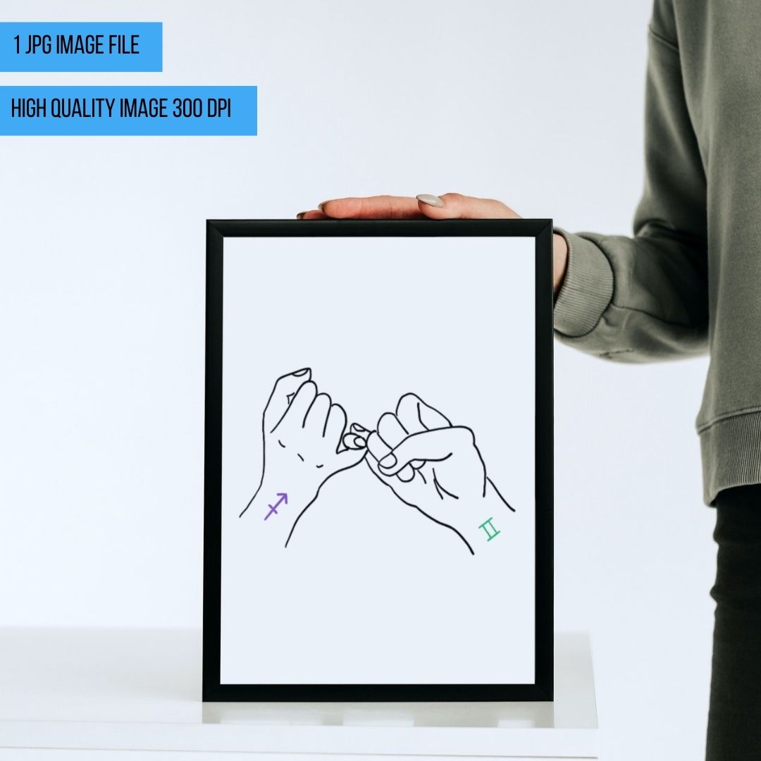 Framed image of digital drawing of  two hands pinky promising with Sagittarius and Gemini zodiac sign tattoos on wrists next to a person standing.